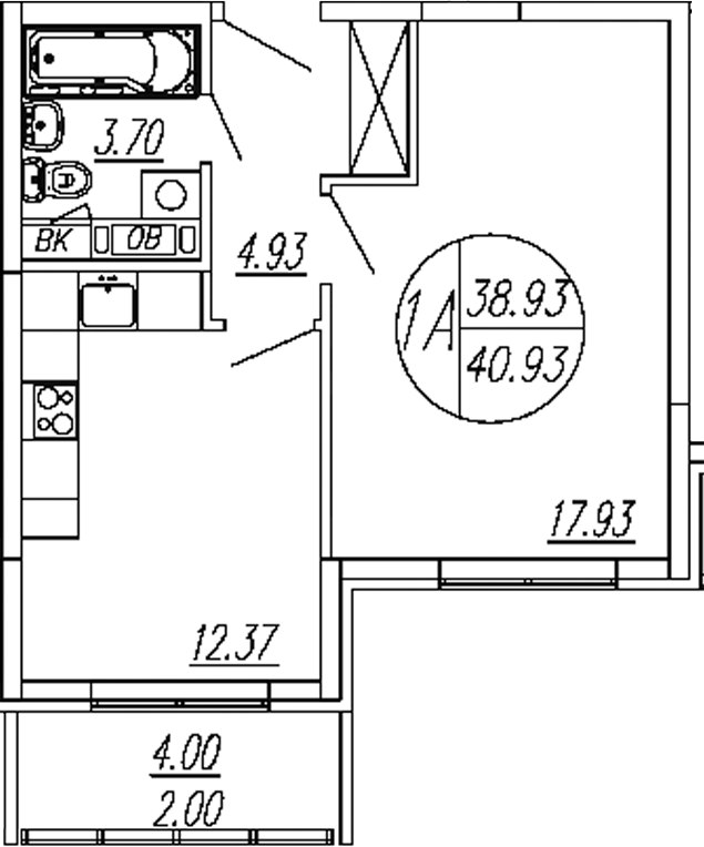 Планировка — Шолохово, 1-комн., 39 м²