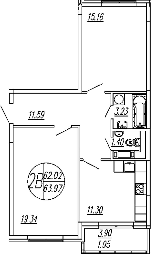 Планировка — Шолохово, 2-комн., 62 м²