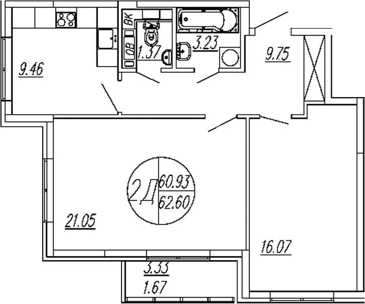 Планировка — Шолохово, 2-комн., 61 м²