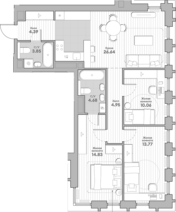 Планировка — Среда на Кутузовском, 3-комн., 83 м²