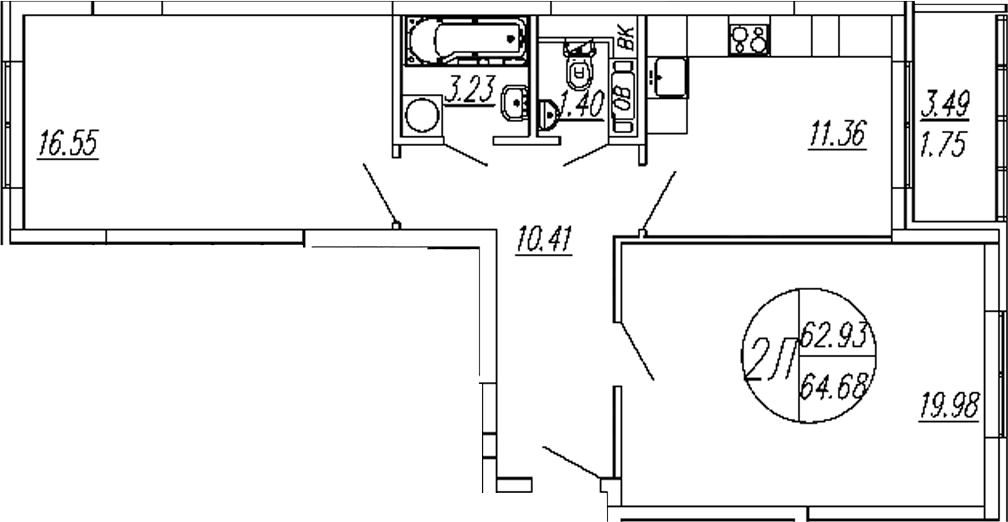 Планировка — Шолохово, 2-комн., 63 м²