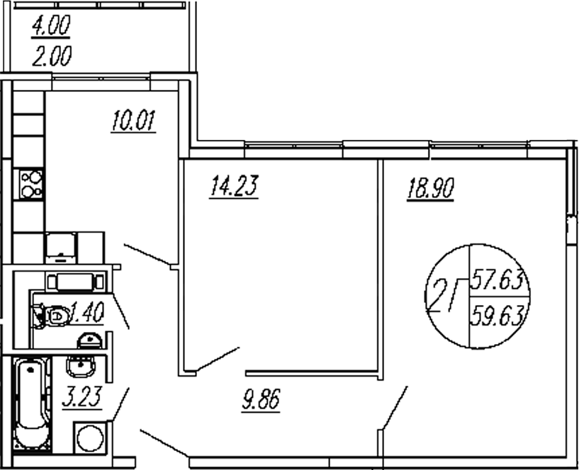 Планировка — Шолохово, 2-комн., 58 м²