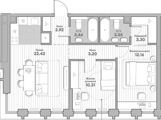 Планировка — Среда на Кутузовском, 2-комн., 61 м²