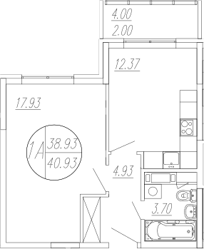 Планировка — Шолохово, 1-комн., 39 м²