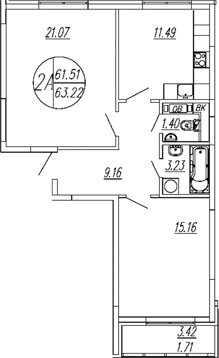 Планировка — Шолохово, 2-комн., 62 м²