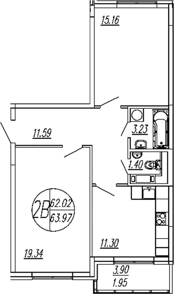 Планировка — Шолохово, 2-комн., 62 м²