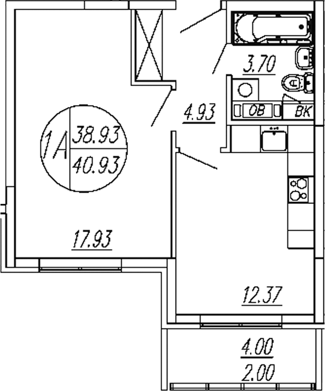 Планировка — Шолохово, 1-комн., 39 м²