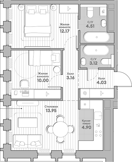 Планировка — Среда на Кутузовском, 3-комн., 56 м²
