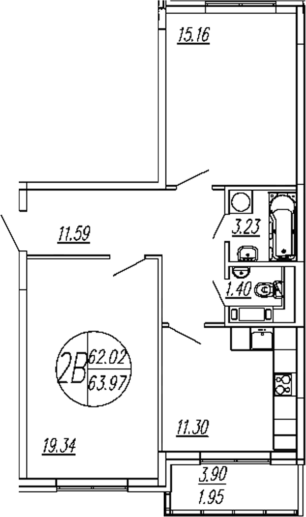 Планировка — Шолохово, 2-комн., 62 м²