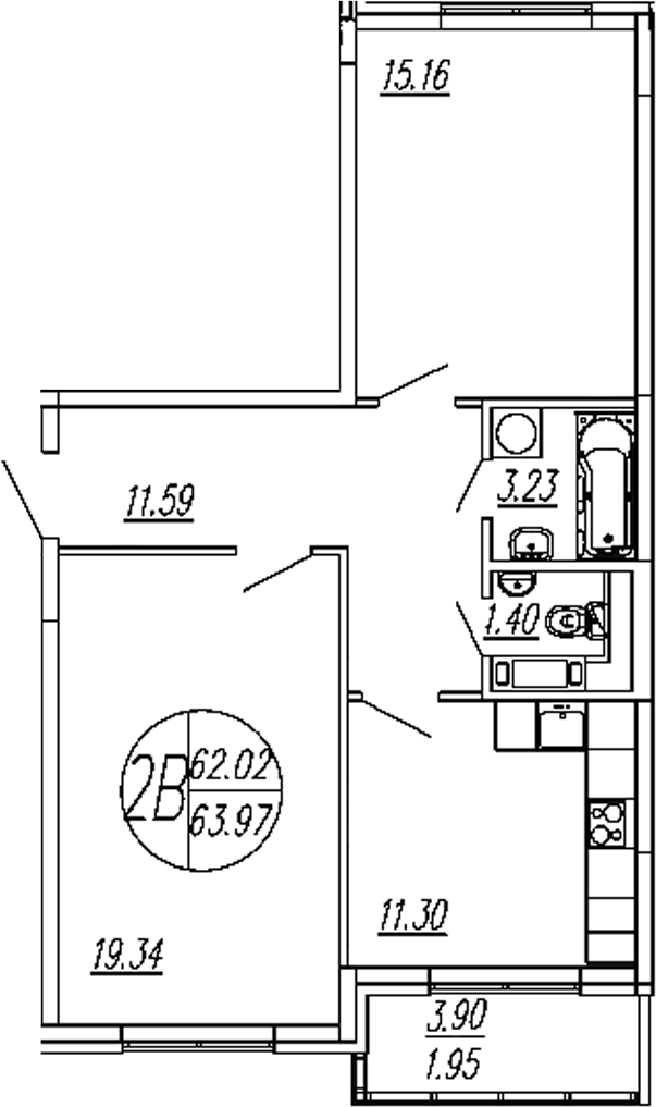 Планировка — Шолохово, 2-комн., 62 м²