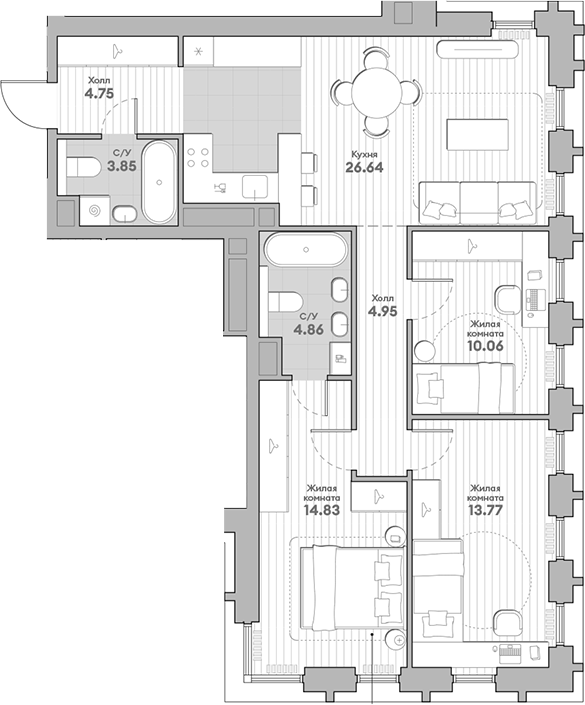 Планировка — Среда на Кутузовском, 3-комн., 84 м²