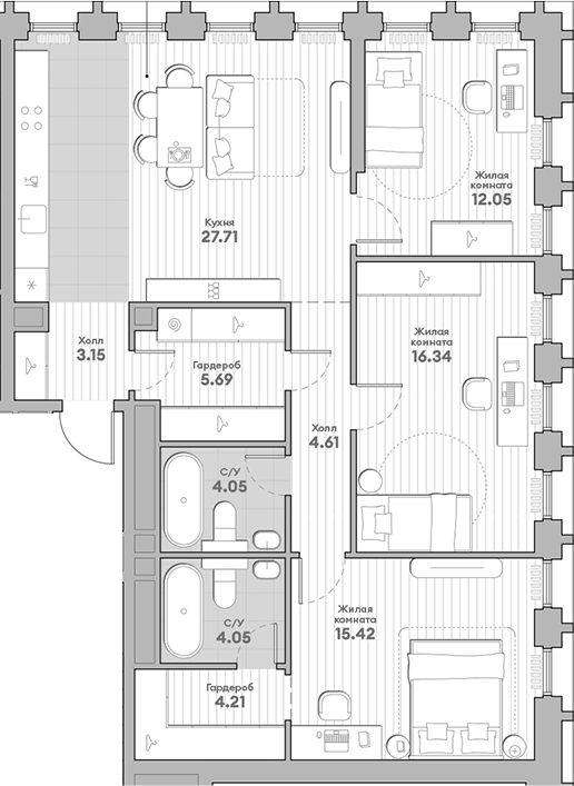 Планировка — Среда на Кутузовском, 3-комн., 97 м²