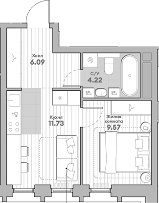 Планировка — Среда на Кутузовском, 1-комн., 32 м²