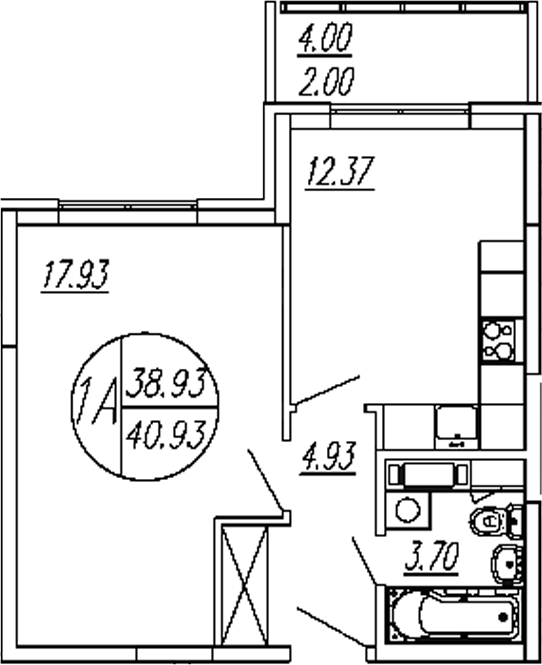 Планировка — Шолохово, 1-комн., 39 м²
