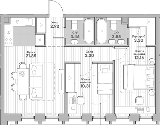 Планировка — Среда на Кутузовском, 2-комн., 61 м²