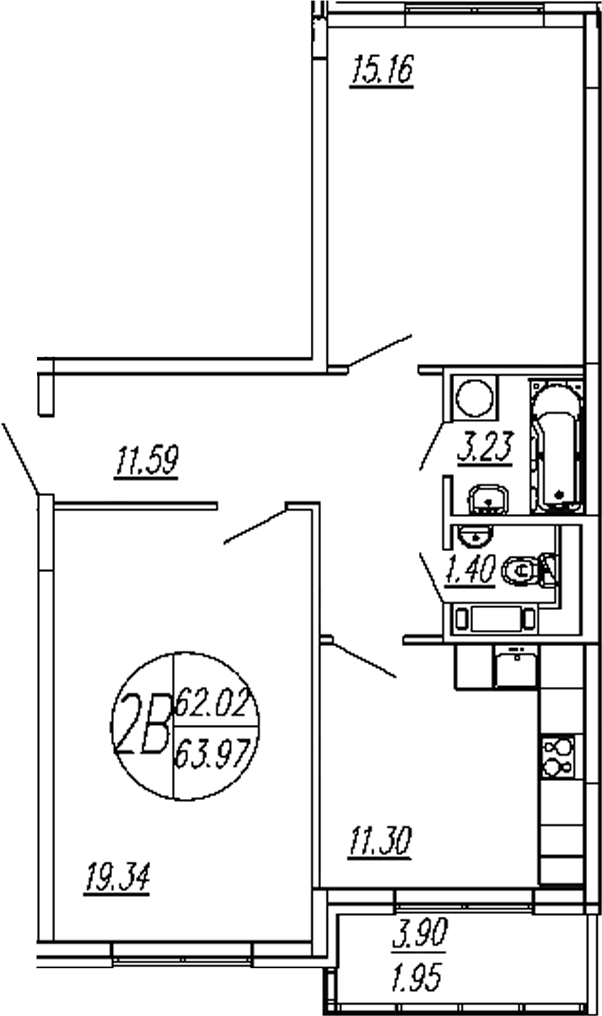 Планировка — Шолохово, 2-комн., 62 м²
