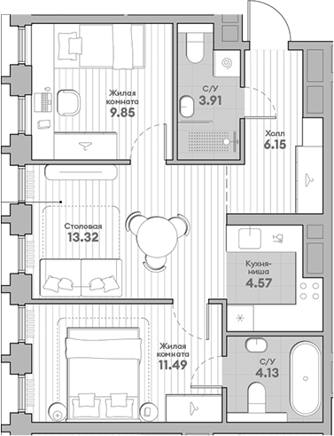 Планировка — Среда на Кутузовском, 3-комн., 53 м²