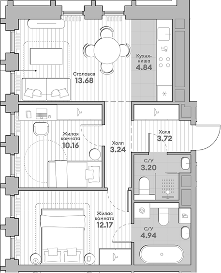 Планировка — Среда на Кутузовском, 3-комн., 56 м²