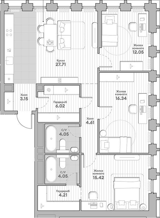 Планировка — Среда на Кутузовском, 3-комн., 98 м²
