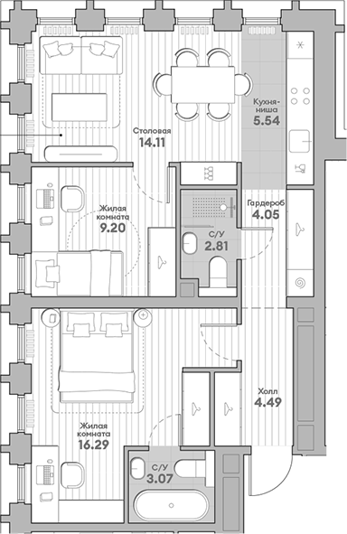 Планировка — Среда на Кутузовском, 3-комн., 60 м²