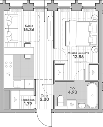 Планировка — Среда на Кутузовском, 1-комн., 37 м²