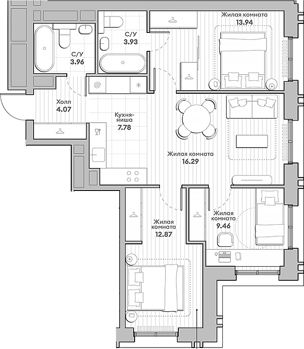 Планировка — Среда на Кутузовском, 4-комн., 72 м²