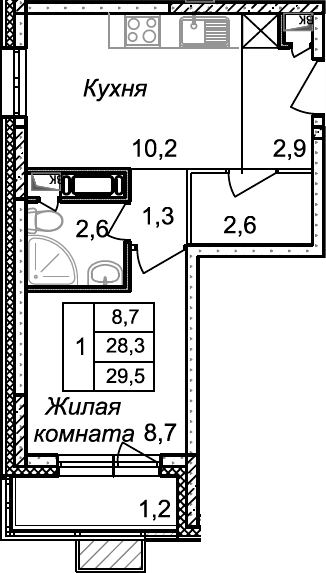 Планировка — Квартал Светлый, 1-комн., 28 м²