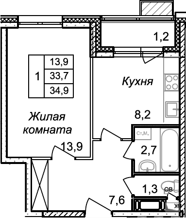 Планировка — Квартал Светлый, 1-комн., 34 м²