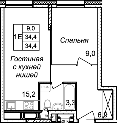 Планировка — Квартал Светлый, 2-комн., 34 м²