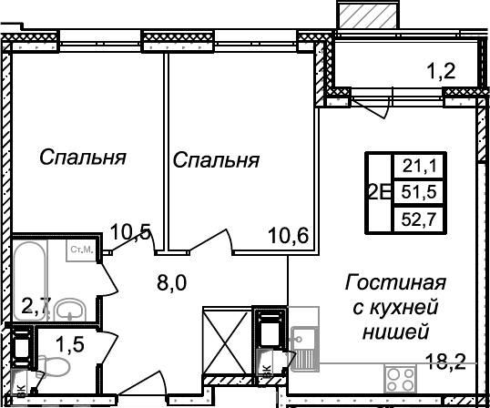 Планировка — Квартал Светлый, 3-комн., 52 м²
