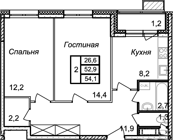 Планировка — Квартал Светлый, 2-комн., 53 м²