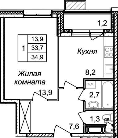 Планировка — Квартал Светлый, 1-комн., 34 м²