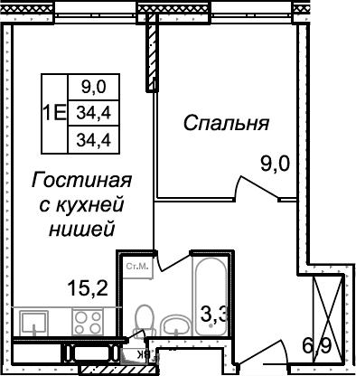 Планировка — Квартал Светлый, 2-комн., 34 м²