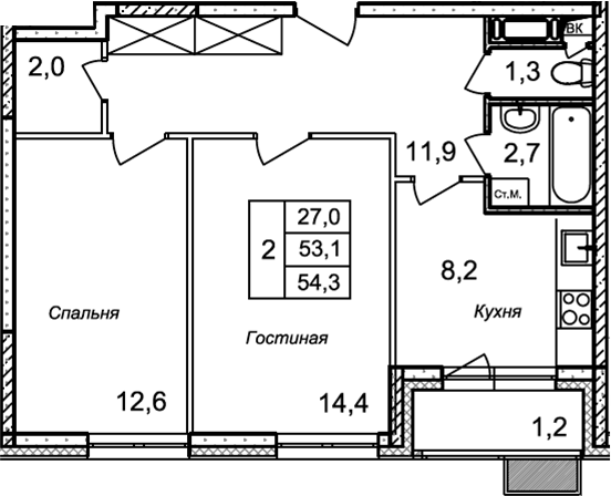 Планировка — Квартал Светлый, 2-комн., 53 м²