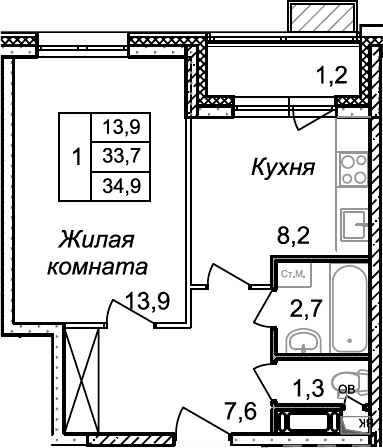 Планировка — Квартал Светлый, 1-комн., 34 м²