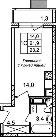 Планировка — Квартал Светлый, Студия, 22 м²