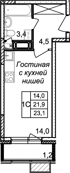 Планировка — Квартал Светлый, Студия, 22 м²
