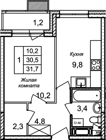 Планировка — Квартал Светлый, 1-комн., 31 м²