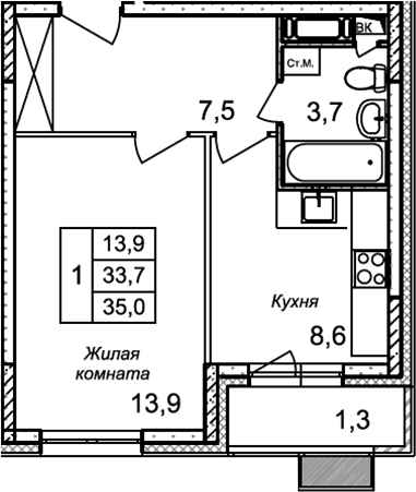 Планировка — Квартал Светлый, 1-комн., 34 м²