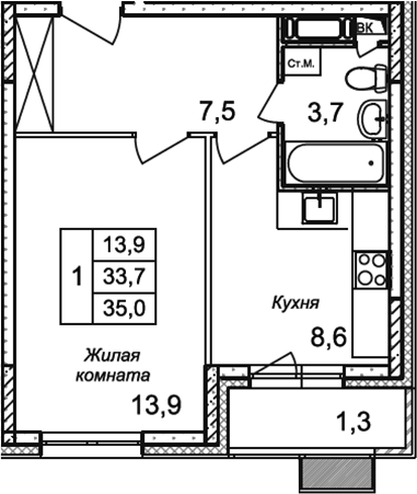 Планировка — Квартал Светлый, 1-комн., 34 м²