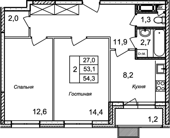 Планировка — Квартал Светлый, 2-комн., 53 м²