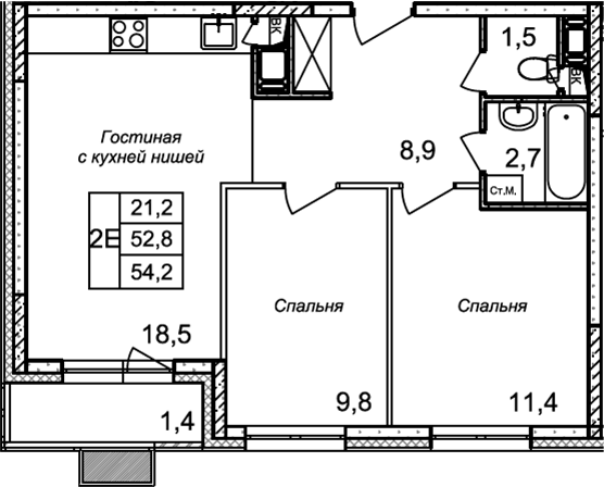 Планировка — Квартал Светлый, 3-комн., 53 м²