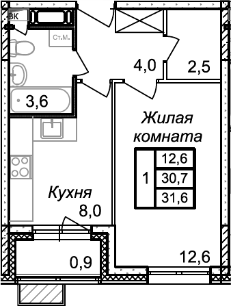 Планировка — Квартал Светлый, 1-комн., 31 м²