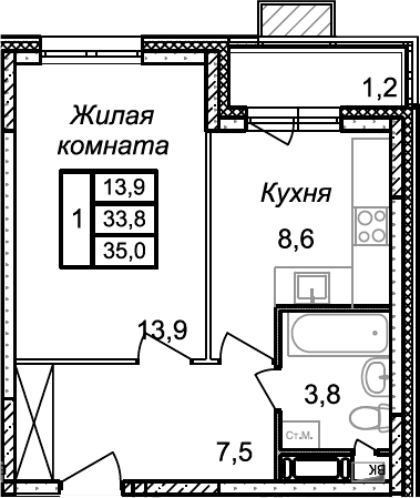 Планировка — Квартал Светлый, 1-комн., 34 м²