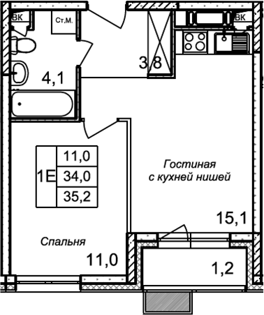 Планировка — Квартал Светлый, 2-комн., 34 м²