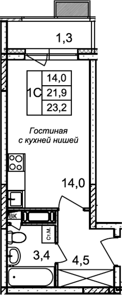 Планировка — Квартал Светлый, Студия, 22 м²