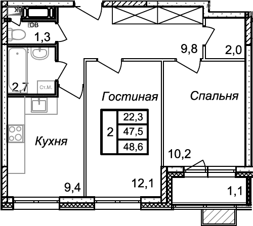 Планировка — Квартал Светлый, 2-комн., 48 м²