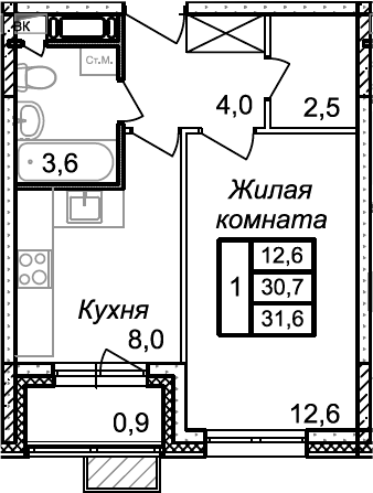 Планировка — Квартал Светлый, 1-комн., 31 м²