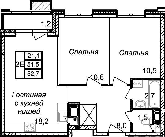 Планировка — Квартал Светлый, 3-комн., 52 м²