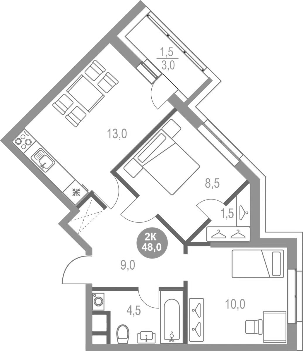 Планировка — Котельники Парк, 2-комн., 47 м²